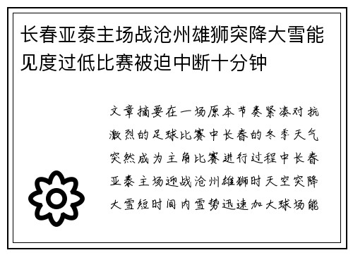 长春亚泰主场战沧州雄狮突降大雪能见度过低比赛被迫中断十分钟