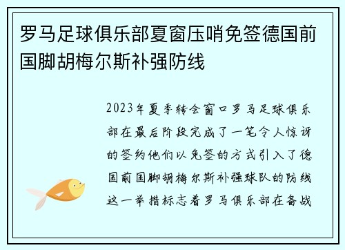 罗马足球俱乐部夏窗压哨免签德国前国脚胡梅尔斯补强防线