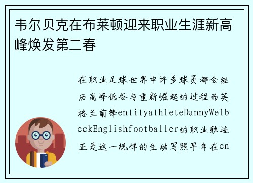 韦尔贝克在布莱顿迎来职业生涯新高峰焕发第二春